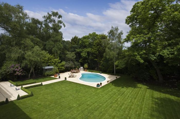 View over garden and swimming pool